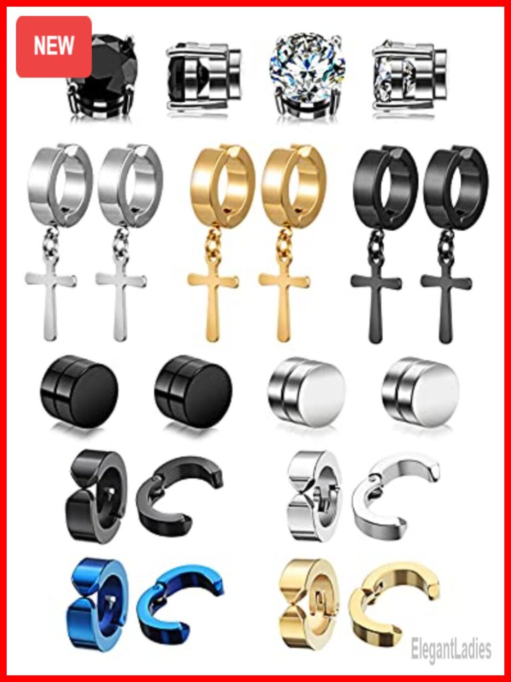 11 Pairs Non-Pierced Clip On Earrings Titanium Steel Cross Hoop Dangle Men Women